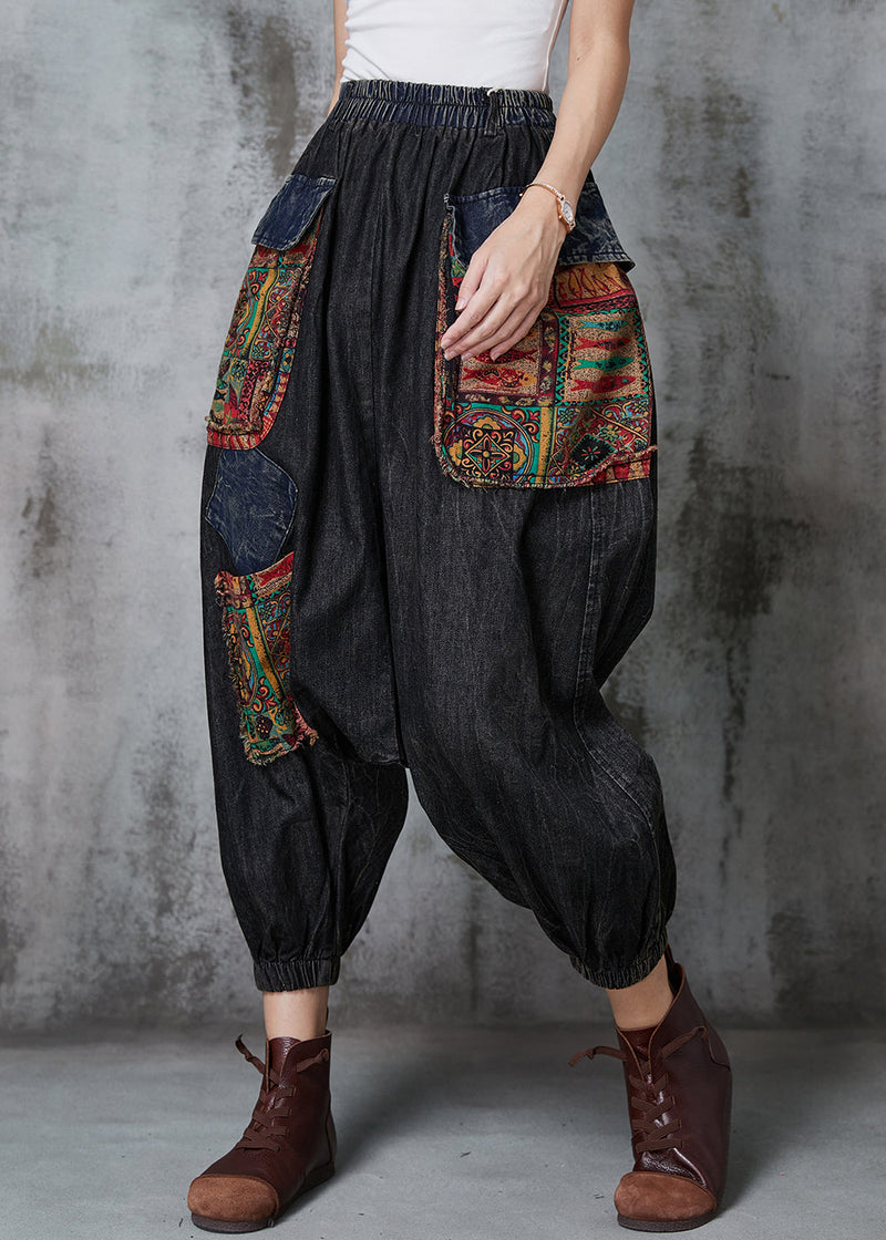 Black Oversized Patchwork Denim Harem Pants Spring