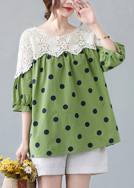 Green O-neck Dot Lace Patchwork Top Summer