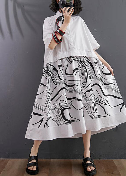 Natural White Print Patchwork Button Mid Dress Summer