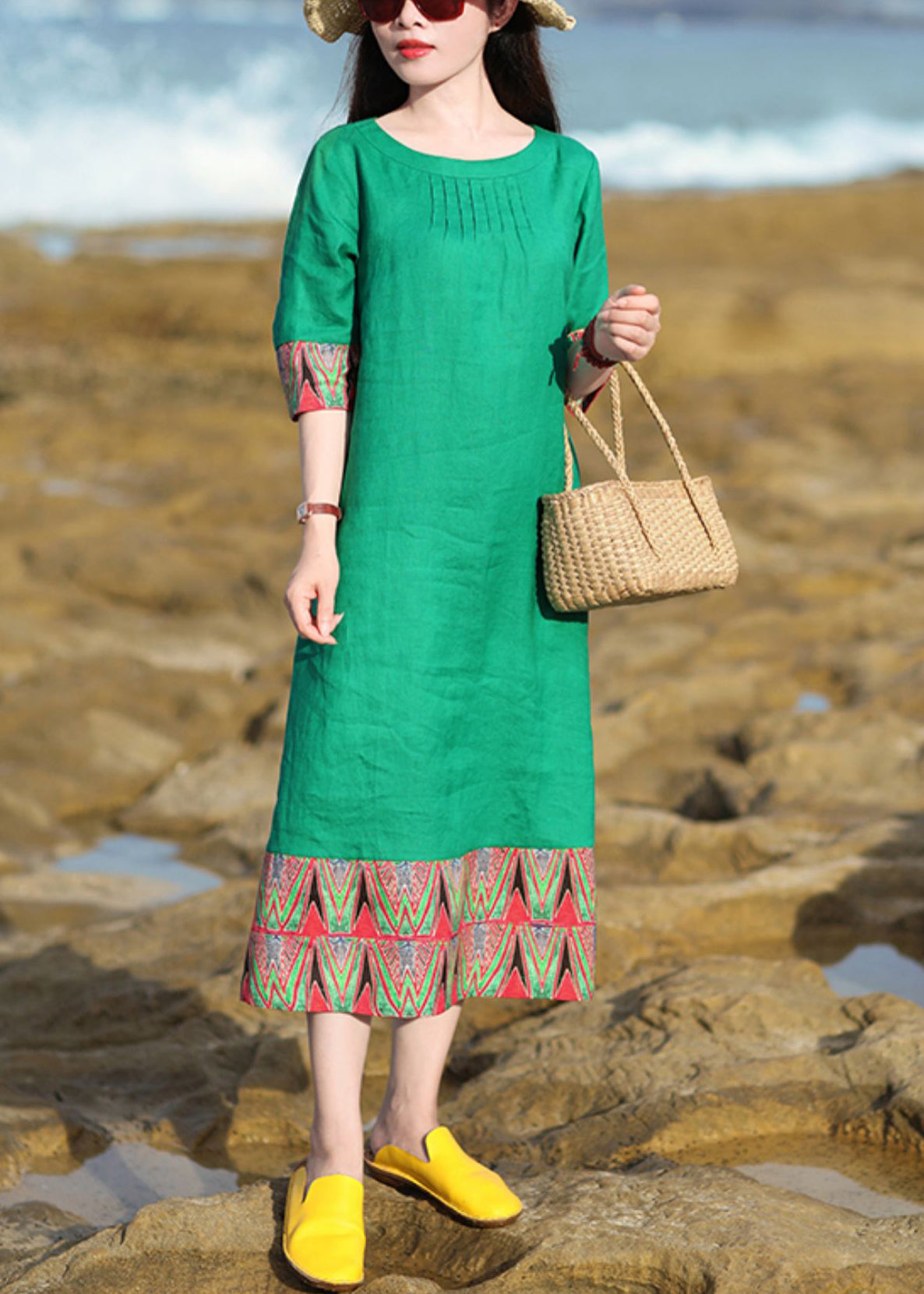 Green O Neck Patchwork Cotton Long Dresses Half Sleeve