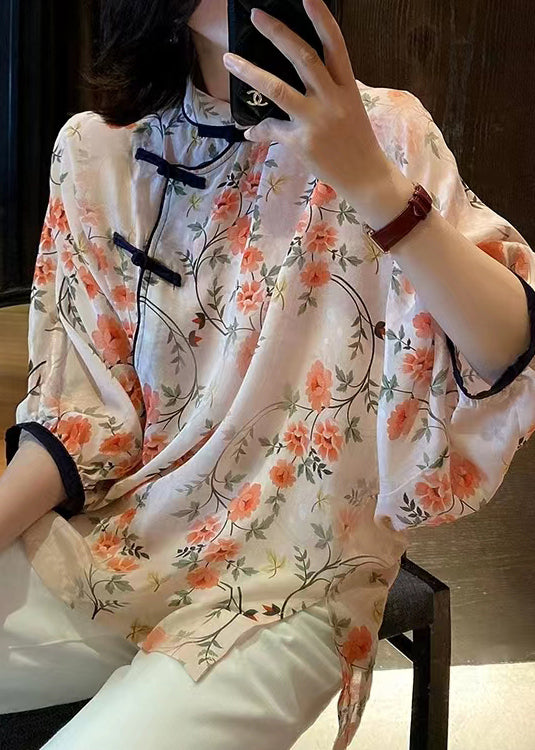 Pink Print Button Side Open Chiffon Shirt Bracelet Sleeve