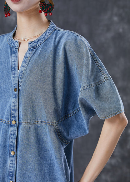 Denim Blue Oversized Patchwork Cotton Long Dress Fall