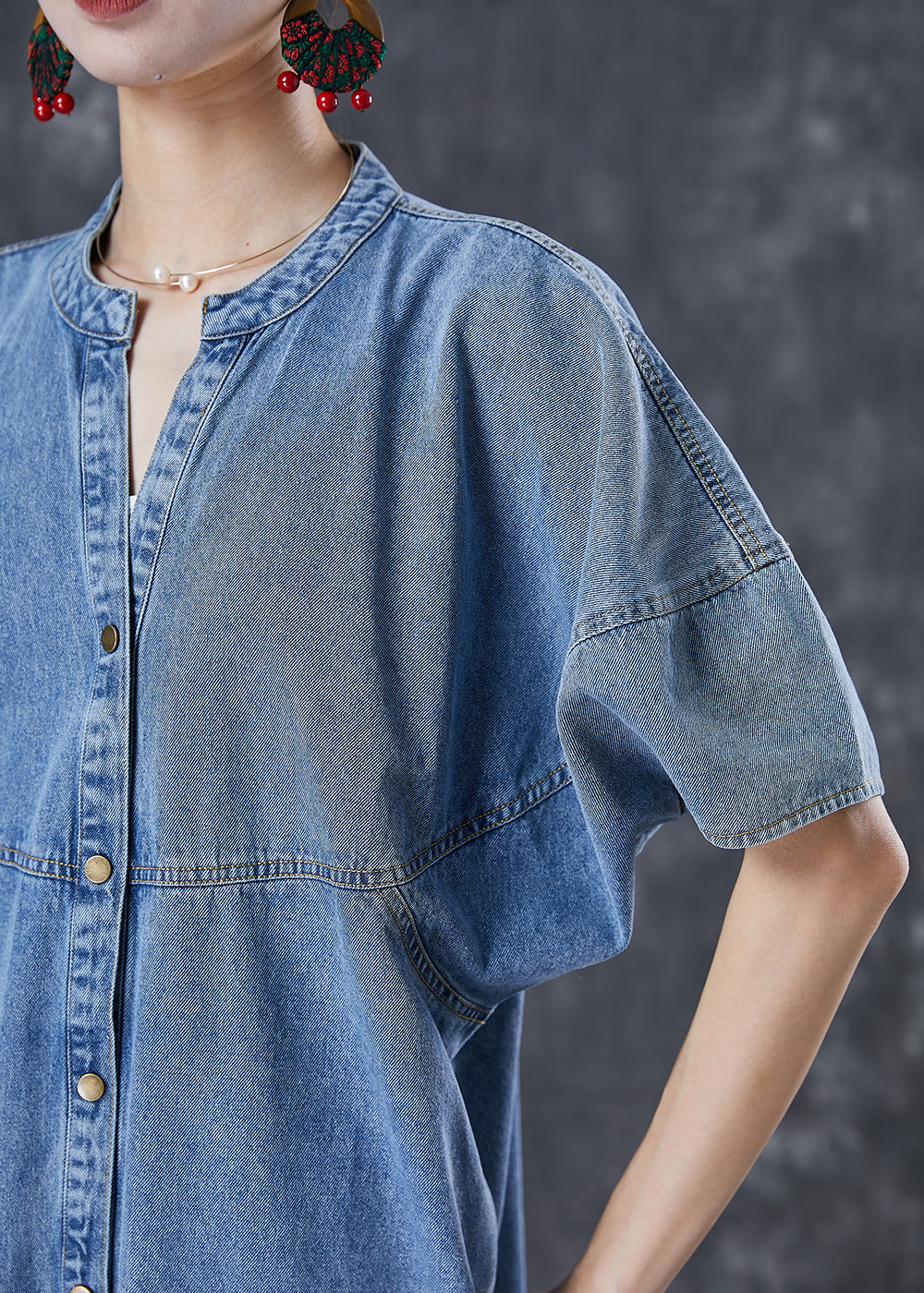 Denim Blue Oversized Patchwork Cotton Long Dress Fall