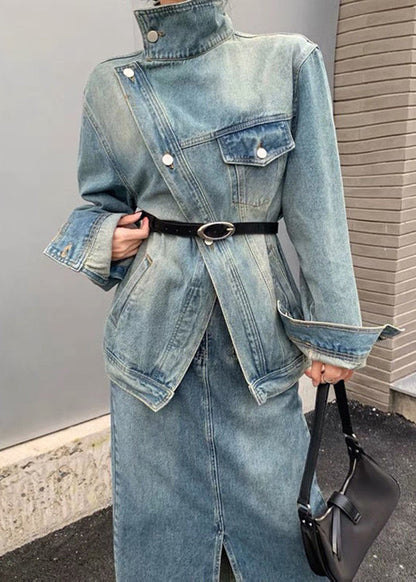Blue Patchwork Button Sashes Denim Coats Spring