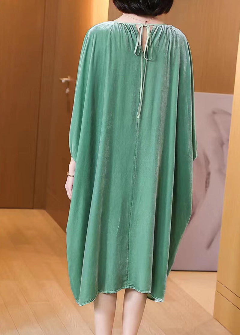 Light Green O Neck Patchwork Silk Velour Dresses Batwing Sleeve