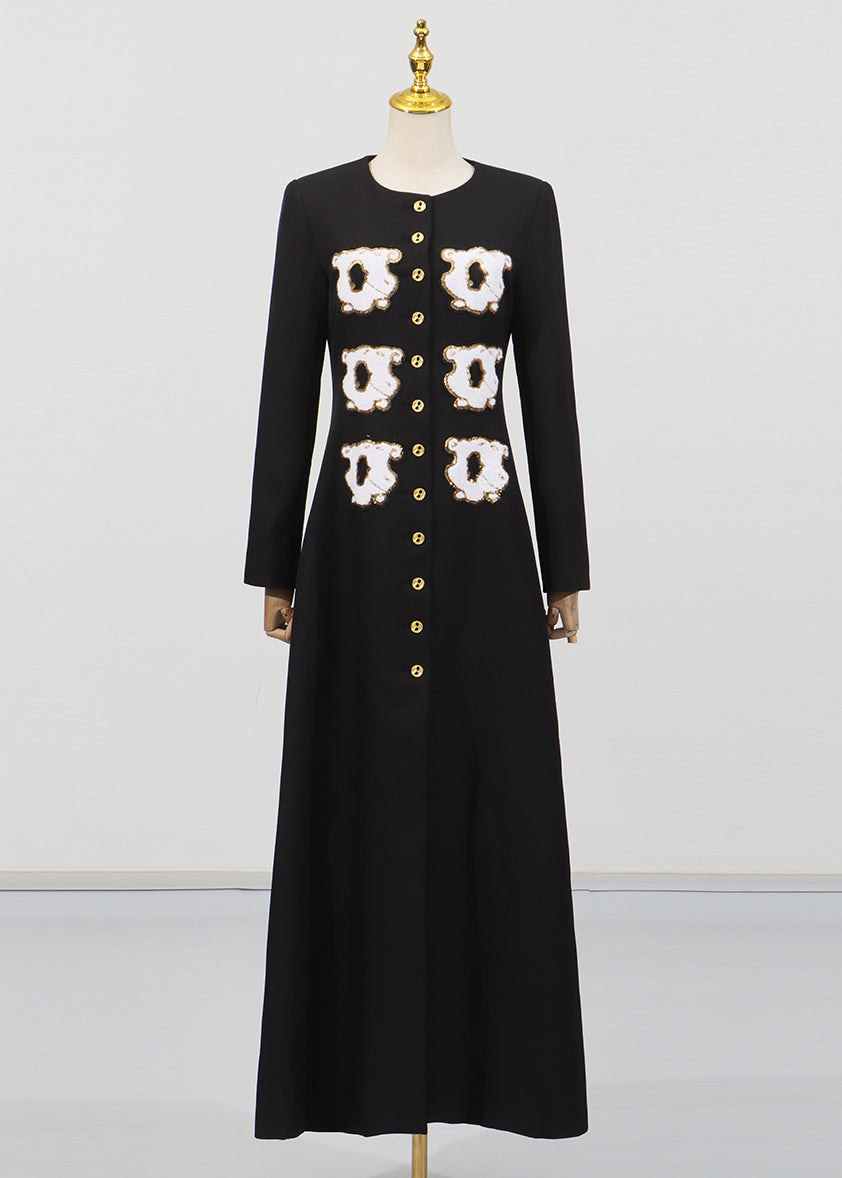 Original Design Black O-neck Sequins Button Long Coat Autumn