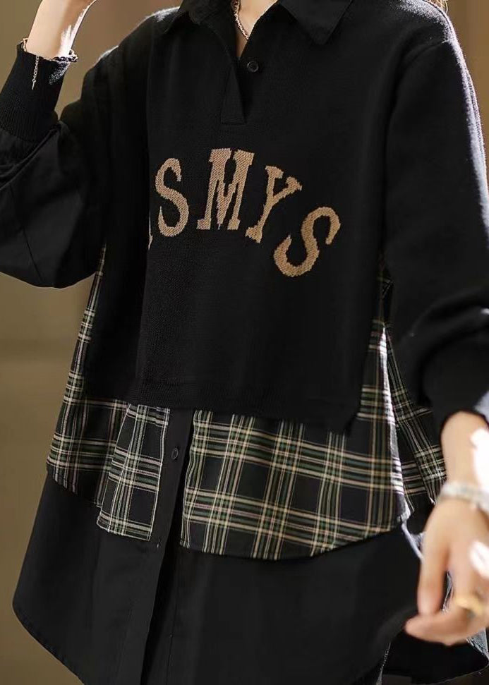 Coffee Peter Pan Collar False Two Pieces Knit Shirts Top Fall