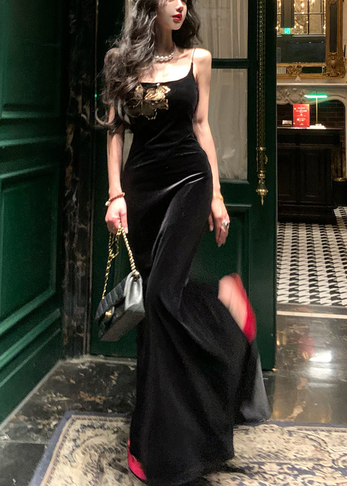 Slim Fit Black Side Open Silk Velour Spaghetti Strap Dress Sleeveless