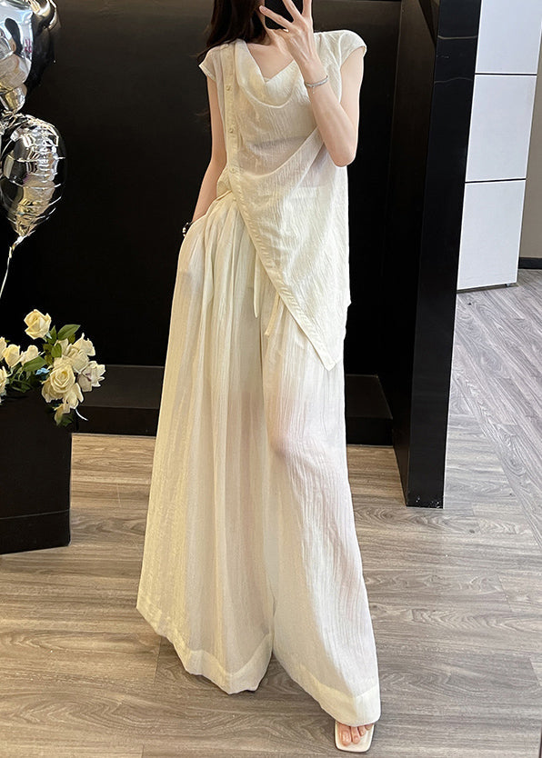 Loose Apricot V Neck Button Top and Wide Leg Pants Two Pieces Set Short Sleeve