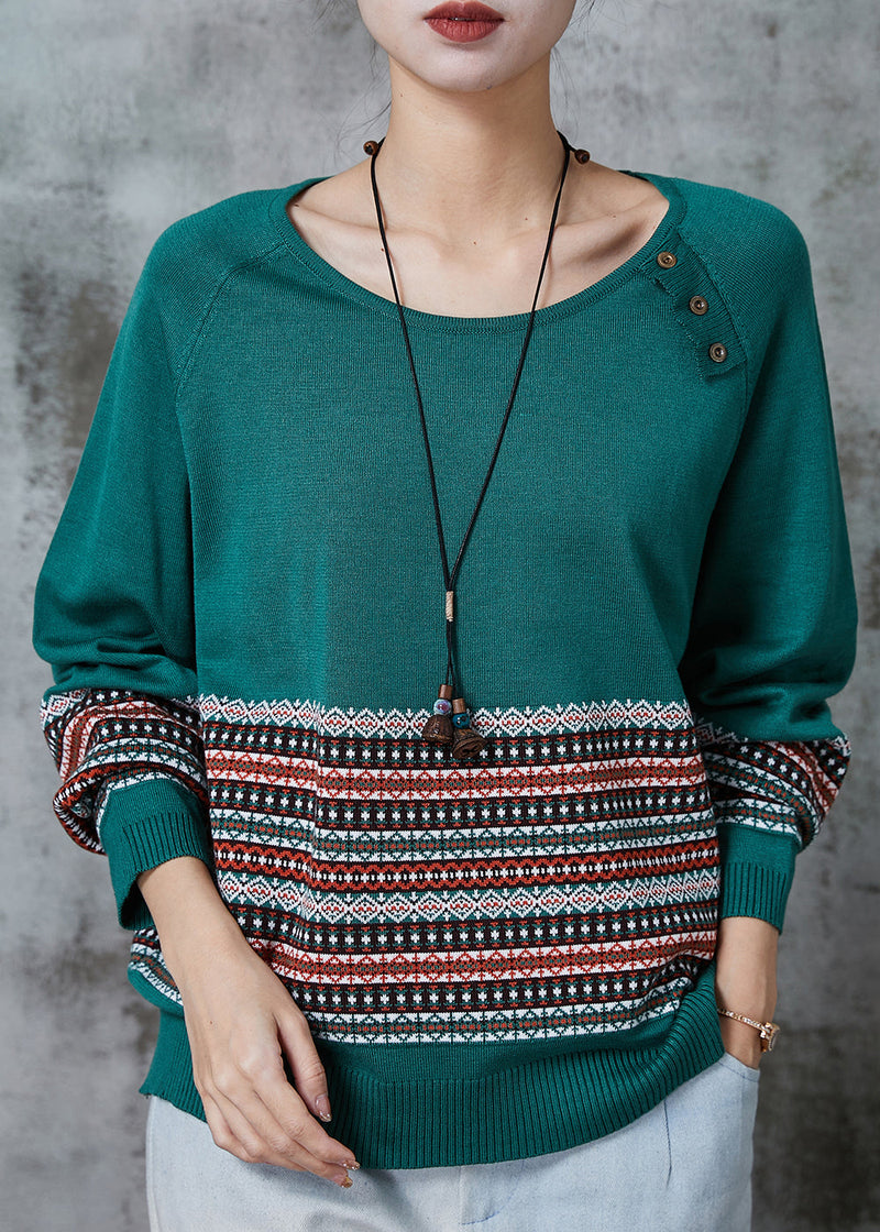 Handmade Green O-neck Striped Knit Sweaters Spring