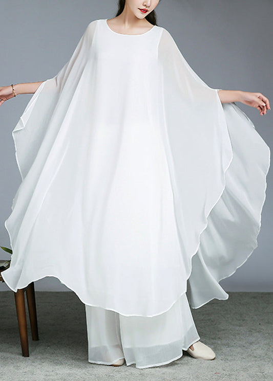 Boutique White O-neck Chiffon Long Dress and Wide Leg Pants Two Pieces Set Fall