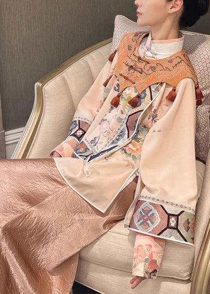 Jacquard White Stand Collar Shirts Cloud Shoulder and Skirts Silk Three Pieces Set Spring