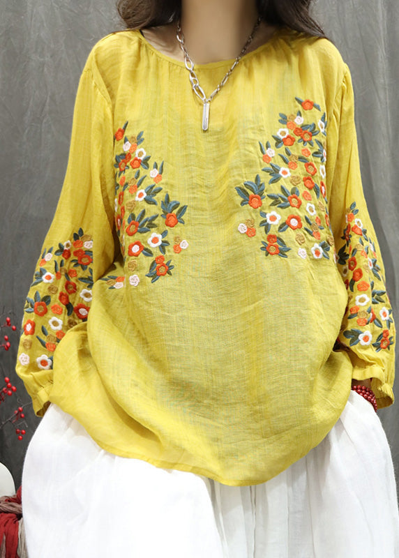 Beige O-neck Embroidered Linen Shirt Top Fall