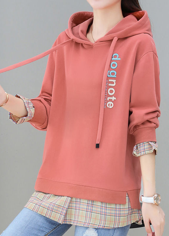 Red Patchwork Fake Two Pieces Hooded Cotton Sweatshirt Long Sleeve