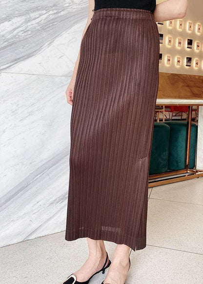 Coffee Wrinkled Side Open Silk Skirts Spring