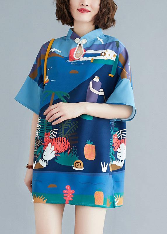Blue Stand Print Shift Dresses Summer