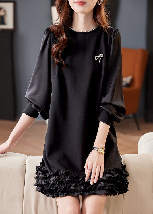 Black O Neck Pearl Ruffled Cotton Mid Dress Fall