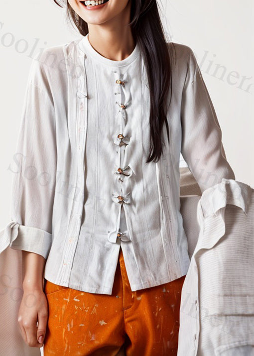 New White O-neck Button Cotton Blouses Long Sleeve