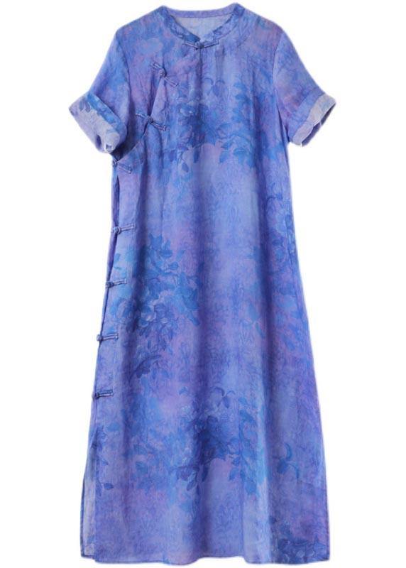 Classy Blue Purple Print Button Ankle Summer Chiffon Dress