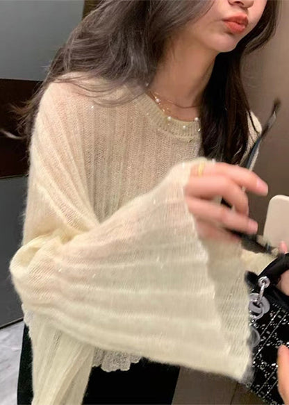 Beige O Neck Knit Sweaters Flare Sleeve