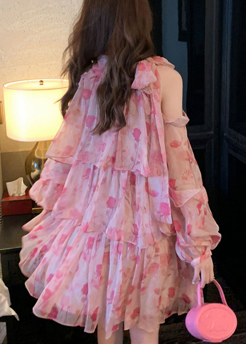Pink Cold Shoulder Print Chiffon Mid Dress Summer