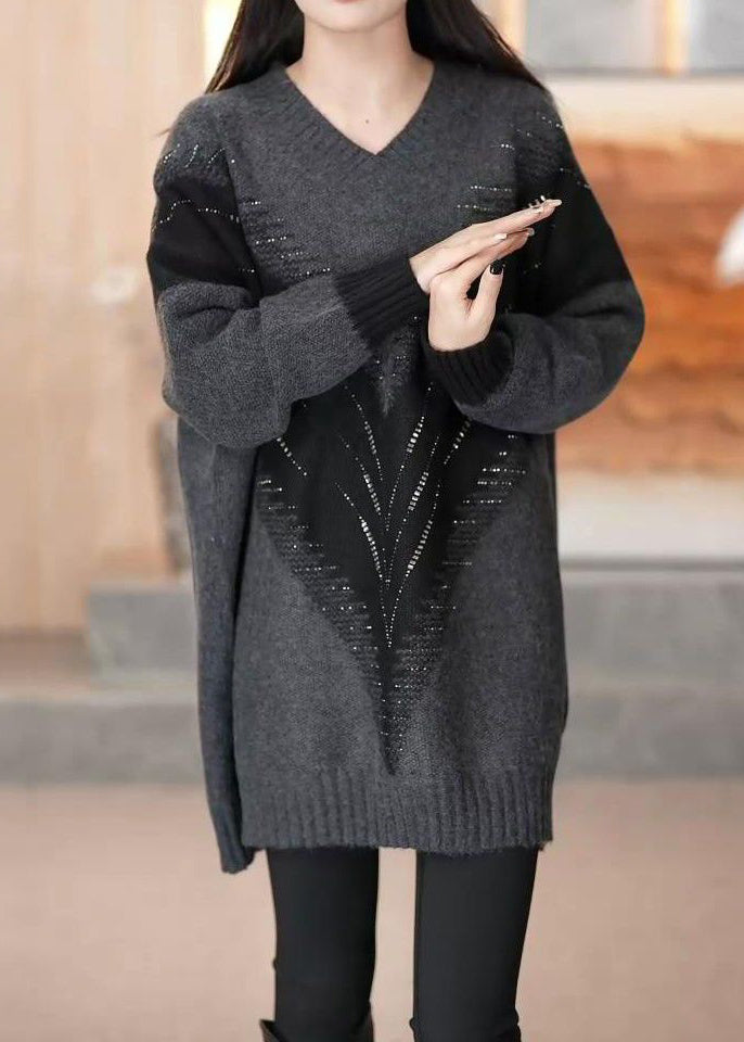 Loose Black V Neck Patchwork Cotton Knit Sweaters Long Sleeve Spring