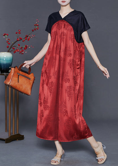 Red V Neck Patchwork Silk Dresses Summer