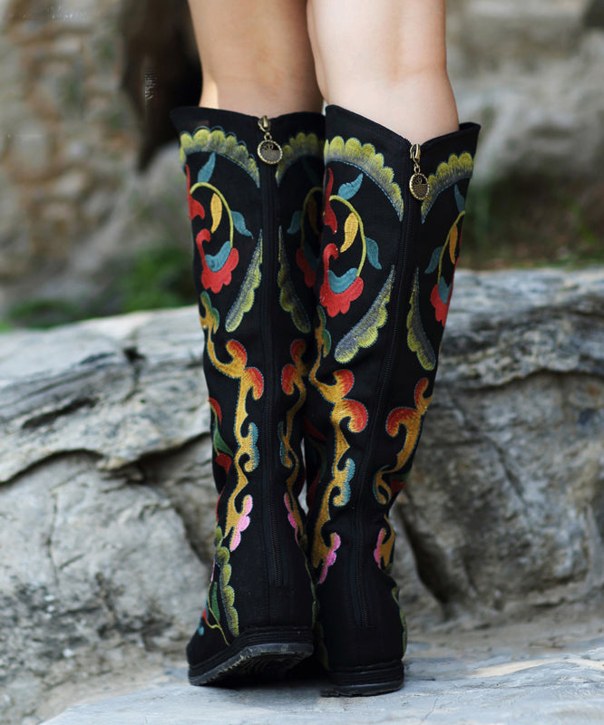 Black Embroideried Cowgirl Boots Cotton Fabric Zippered Knee Boots