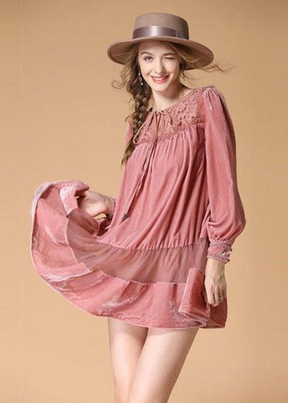 Pink Embroideried Lace Up Patchwork Velour Dress Spring