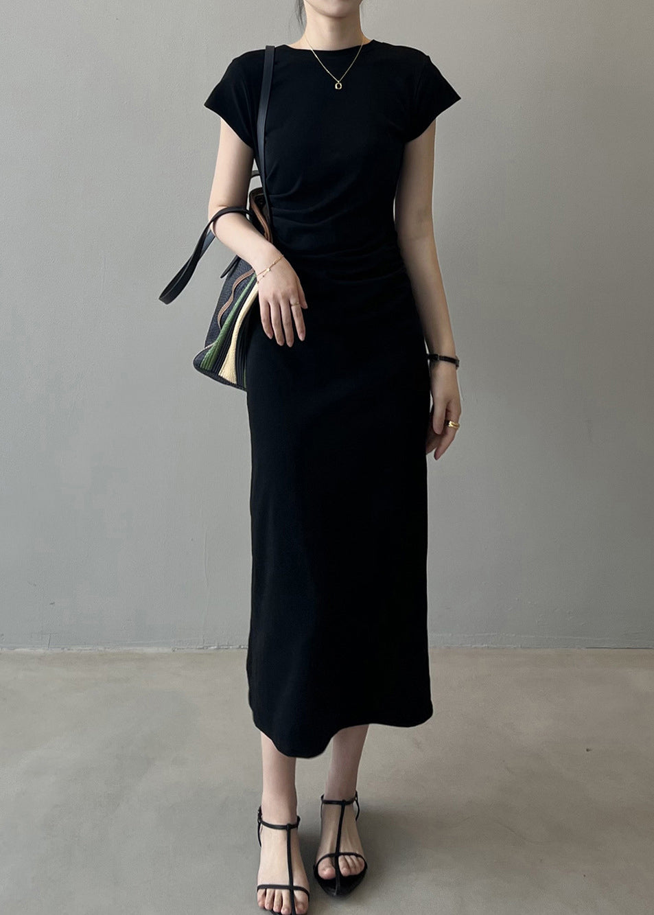 Black High Waist Cotton Dress O-neck Short Sleeve