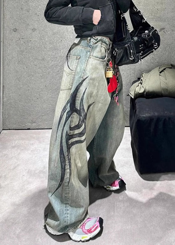 Modern Print Pockets High Waist Denim Wide Leg Pants Spring