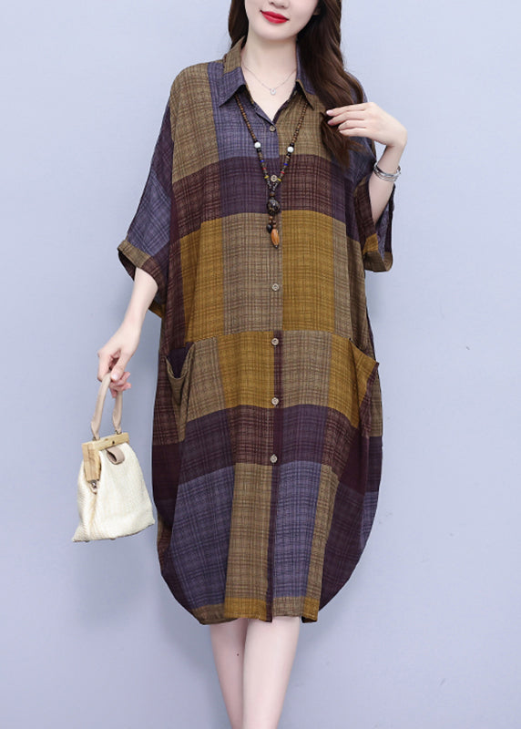 Peter Pan Collar Plaid Long Shirt Dress Summer