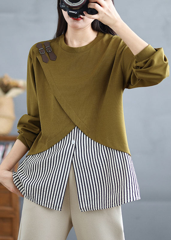 Green O Neck Patchwork False Two Pieces Cotton Top Spring