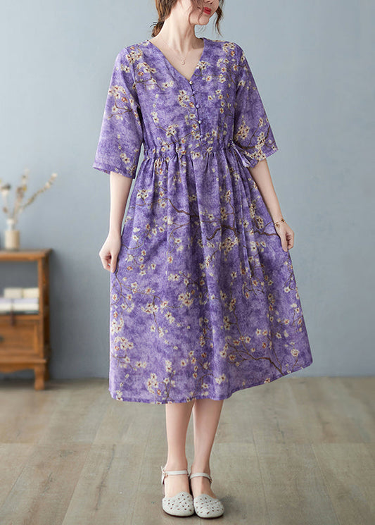 Purple V Neck Drawstring Print Long Dresses Half Sleeve