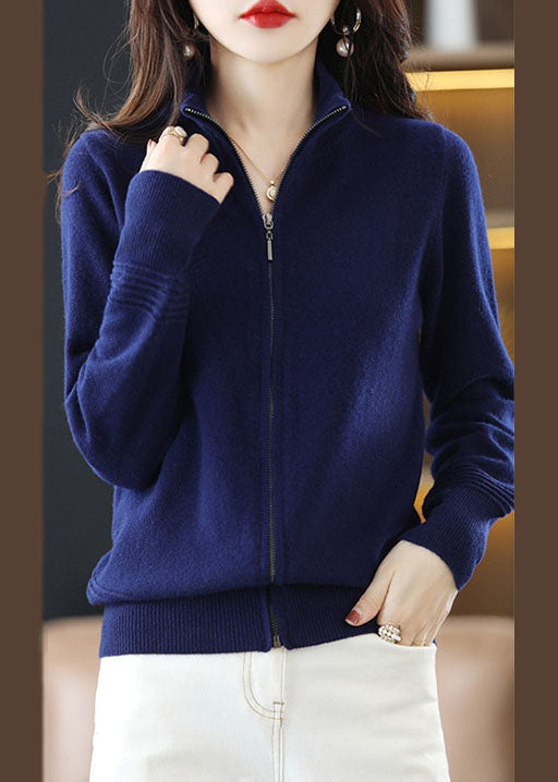 Navy Stand Collar Zip Up Thick Wool Knit Cardigan Spring