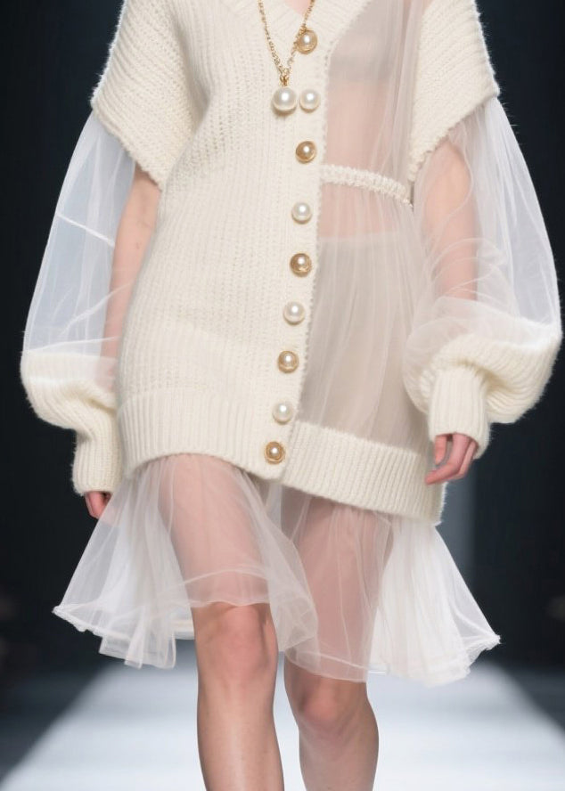 White Asymmetrical Patchwork Tulle Knitwear Dress Fall