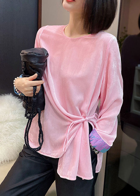 Pink Patchwork Velour Top Asymmetrical Design Long Sleeve
