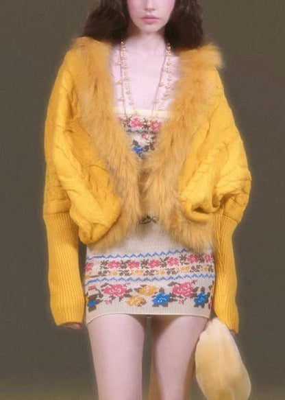 Purple Fur Collar Patchwork Cotton Knit Cardigans Lantern Sleeve