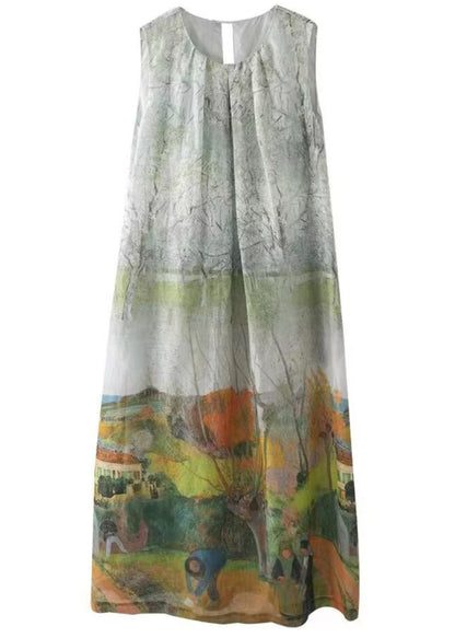 French Green O-neck Print Cotton Long Dress Sleeveless