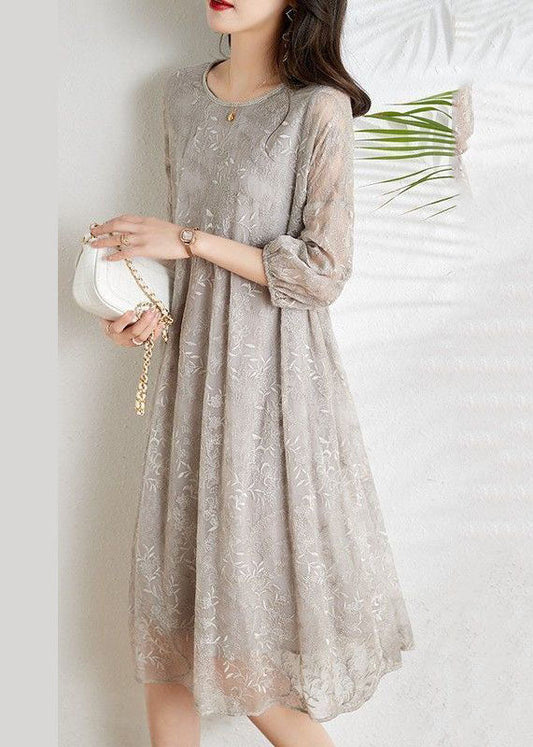 Light Grey Cinched Embroideried Chiffon Vacation Dresses Three Quarter Sleeve