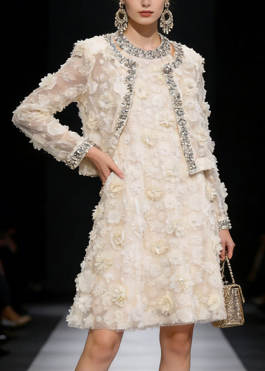 Apricot Coat and Dress Tulle Two Piece Suit Set Spring