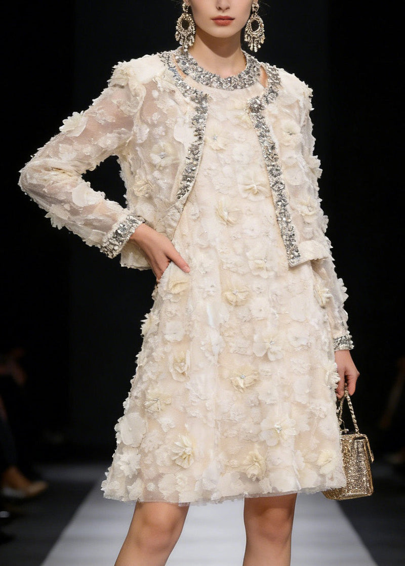 Apricot Coat and Dress Tulle Two Piece Suit Set Spring