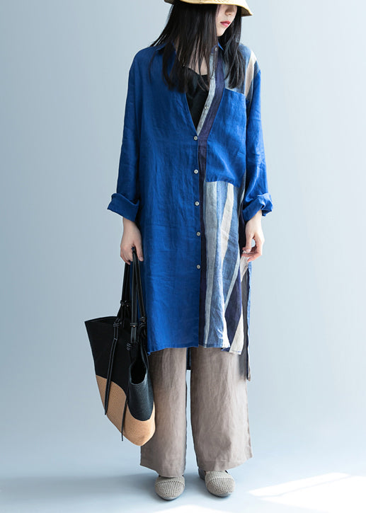 Boutique Blue Peter Pan Collar Striped Linen Long Shirts Spring