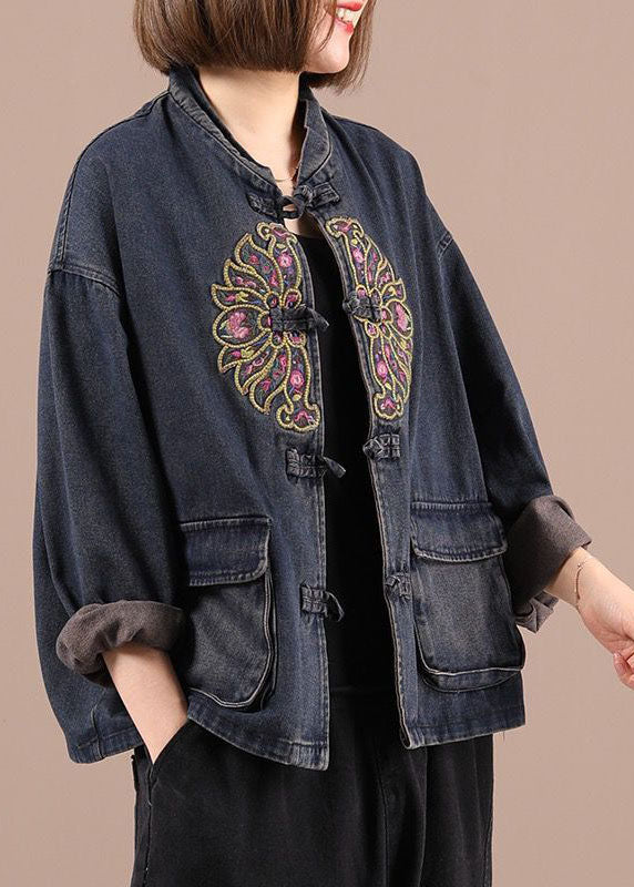 Black Button Embroideried Pockets Spring Denim Jackets