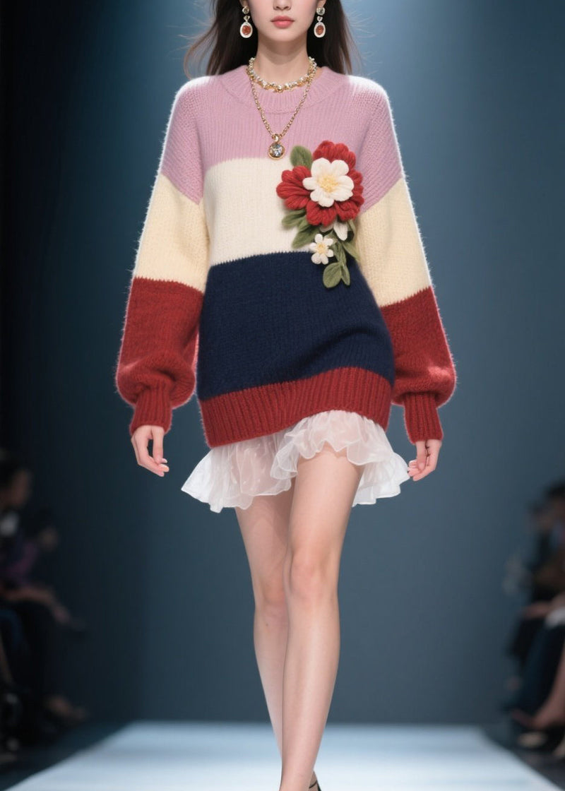 Colorblock O Neck Tulle Patchwork Knit Sweater Dress Fall