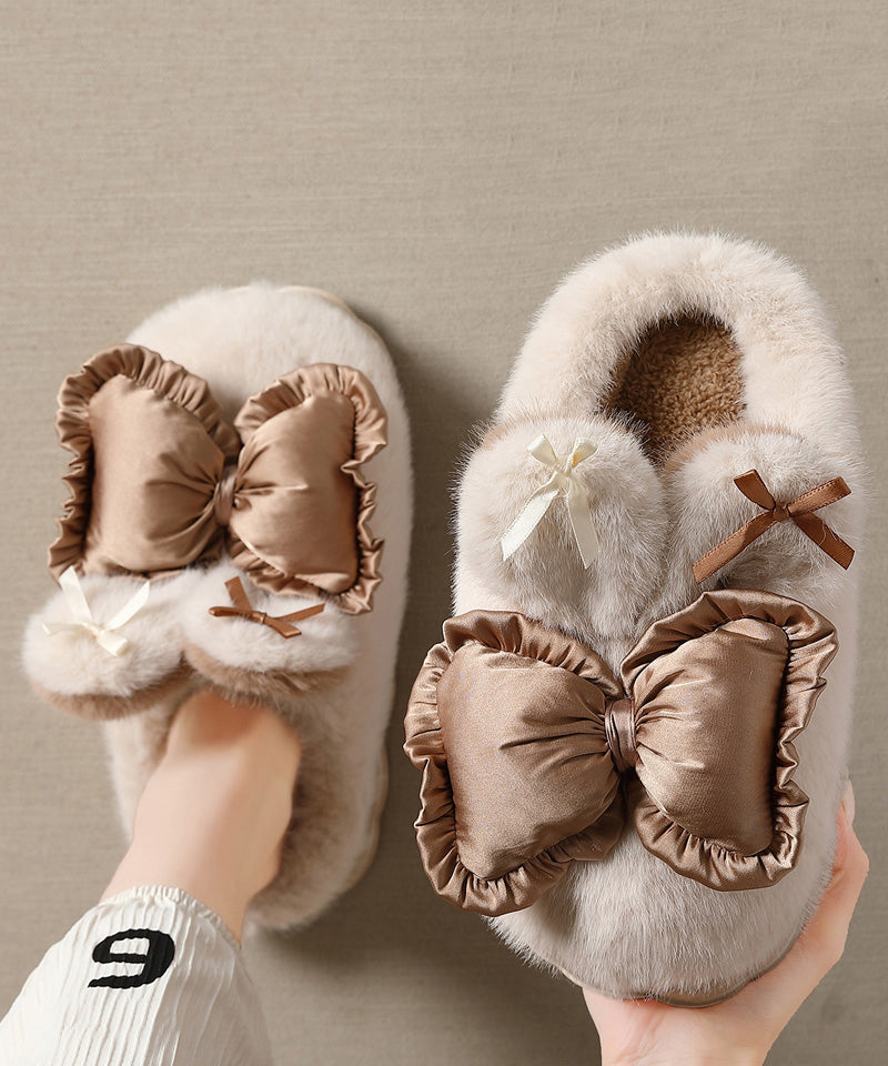 Khaki Slippers Shoes Splicing Bow Fuzzy Wool Lined
