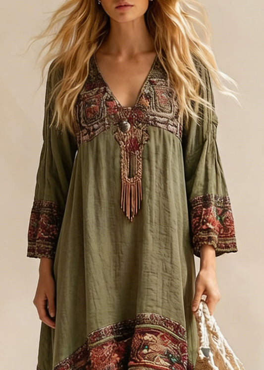 Loose Green V Neck Asymmetrical Design Print Dresses Spring