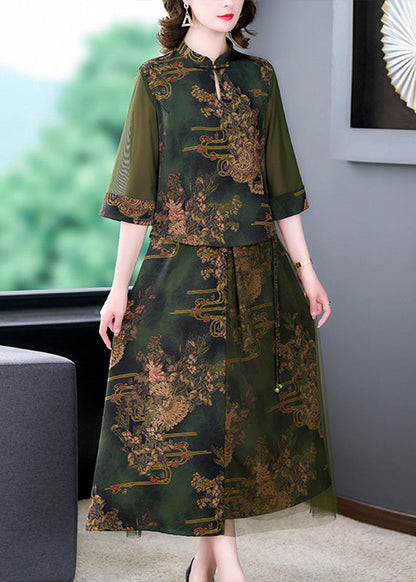 Green Stand Collar Tasseled Embroidered Silk Two Pieces Set Summer