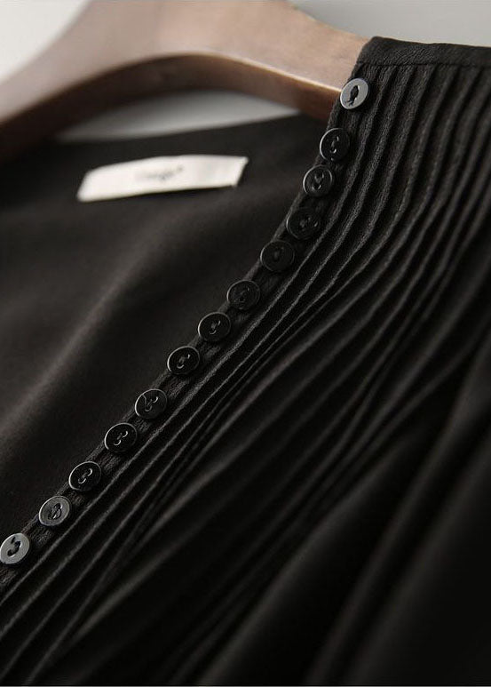 Black V Neck Wrinkled Button Silk Shirts Long Sleeve
