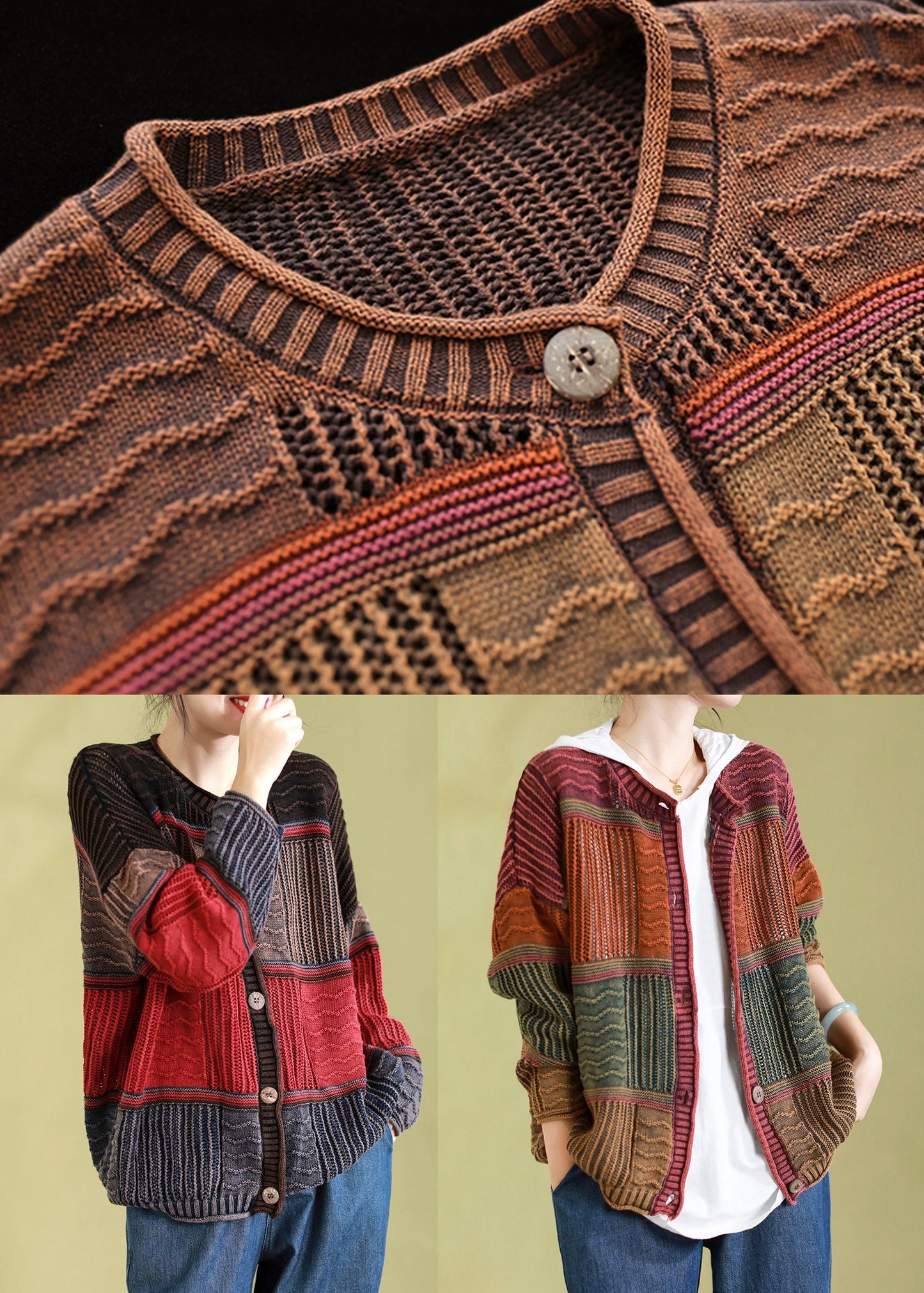 Red Patchwork Knit Cardigan O Neck Button Spring